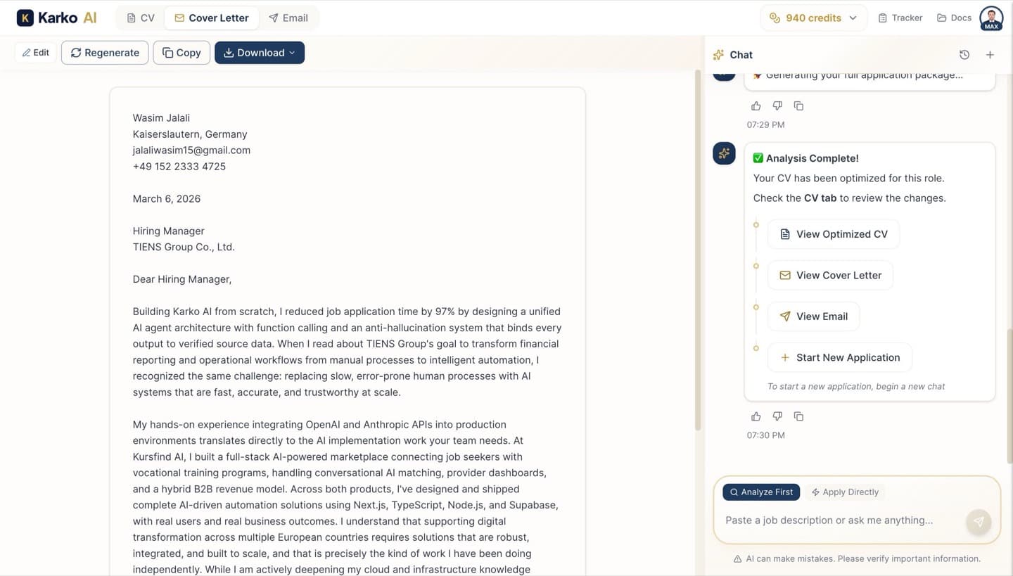 KarKo AI personalized cover letter tailored to the company