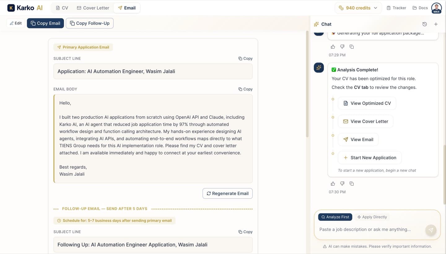 KarKo AI application email and follow-up email panel
