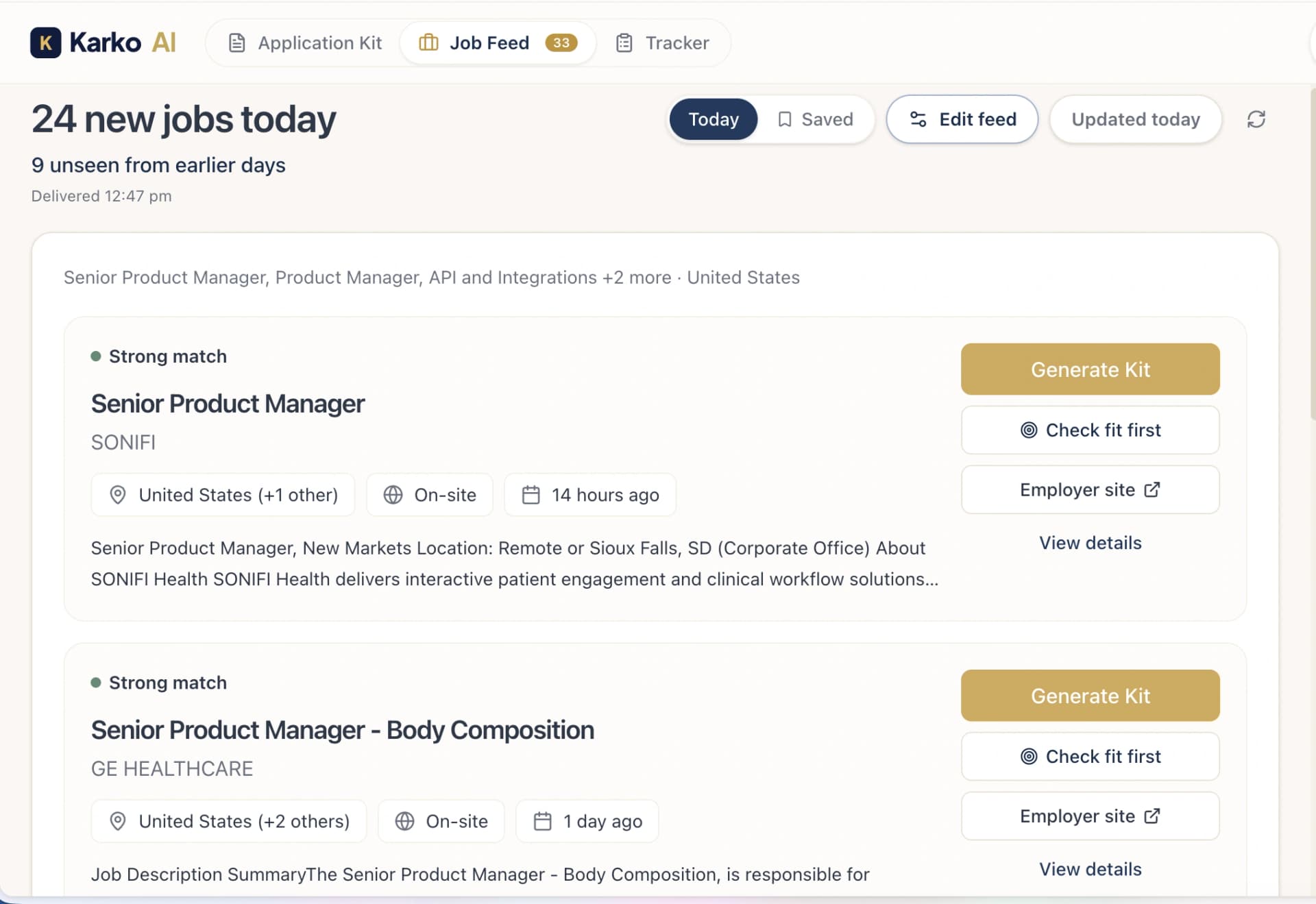 Karko Smart Job Feed with six hand-picked roles and match scores