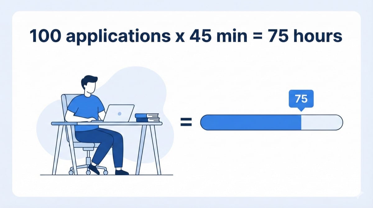 Infographic showing 100 applications times 45 minutes equals 75 hours of work