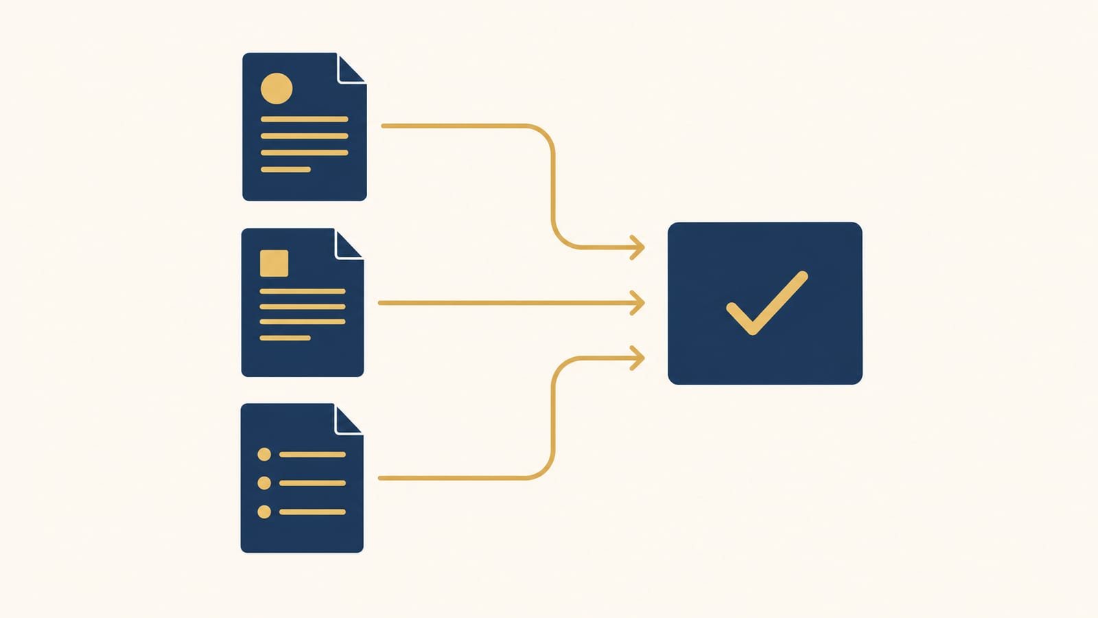 Three document icons flowing into a central answer card, representing AI combining CV, cover letter, and job description context