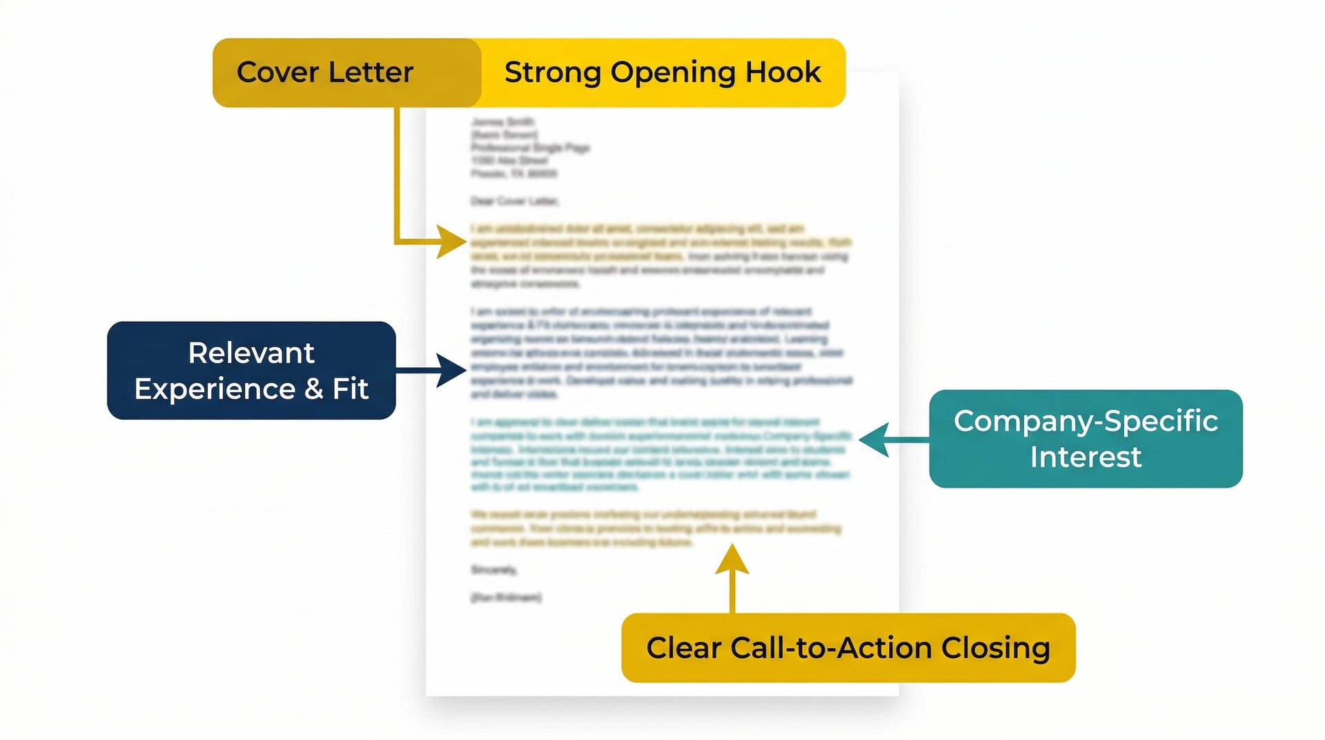 Annotated cover letter example with labeled sections: Strong opening, Fit, Company-specific interest, Closing