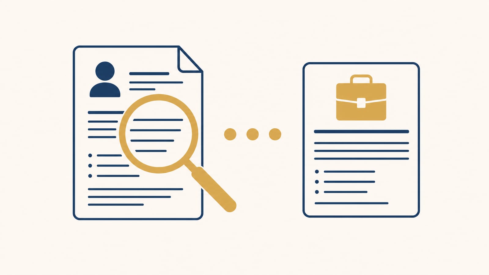 A magnifying glass reading a CV next to a job posting, representing AI-powered fit matching