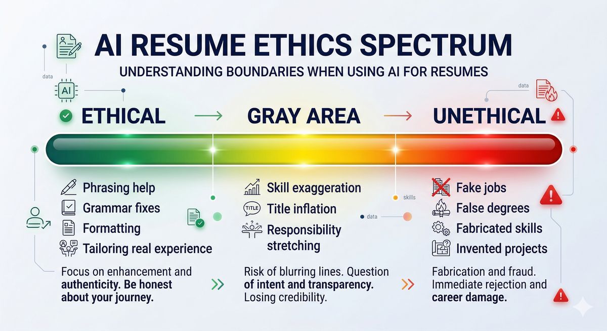 Horizontal spectrum from green (Ethical: AI as writing assistant) through yellow (Gray area: unreviewed output) to red (Unethical: AI invents experience)