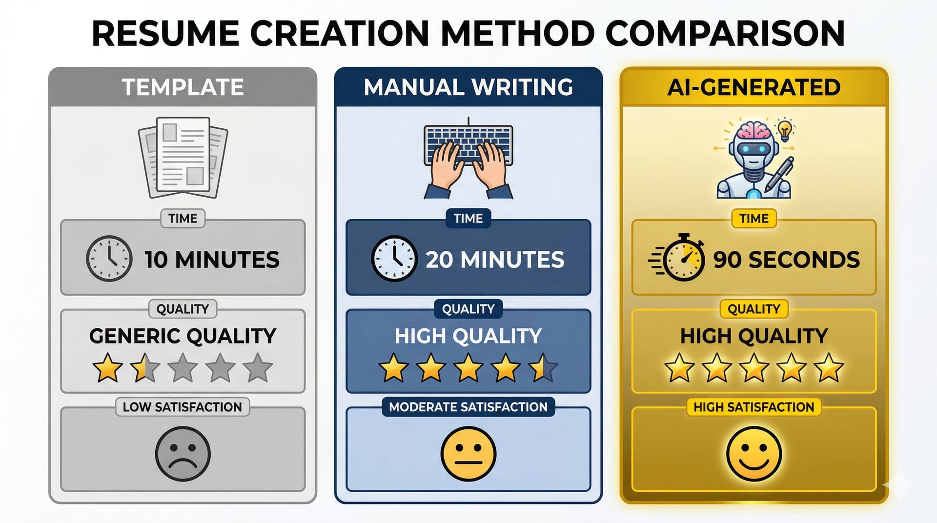 Comparison: Template (generic, 10 min) vs. Manual writing (20 min, high quality) vs. AI (90 sec, high quality)