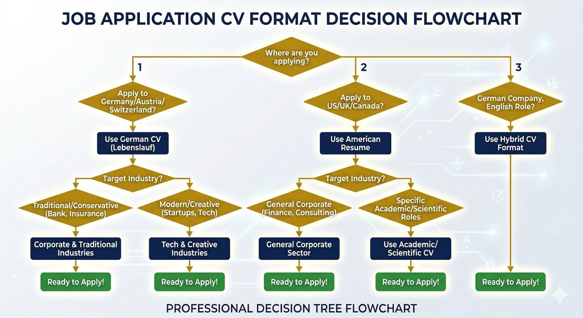 Decision tree flowchart: Where are you applying? Germany/Austria/Switzerland vs US/UK/Canada vs Hybrid format with navy blue boxes and gold diamonds