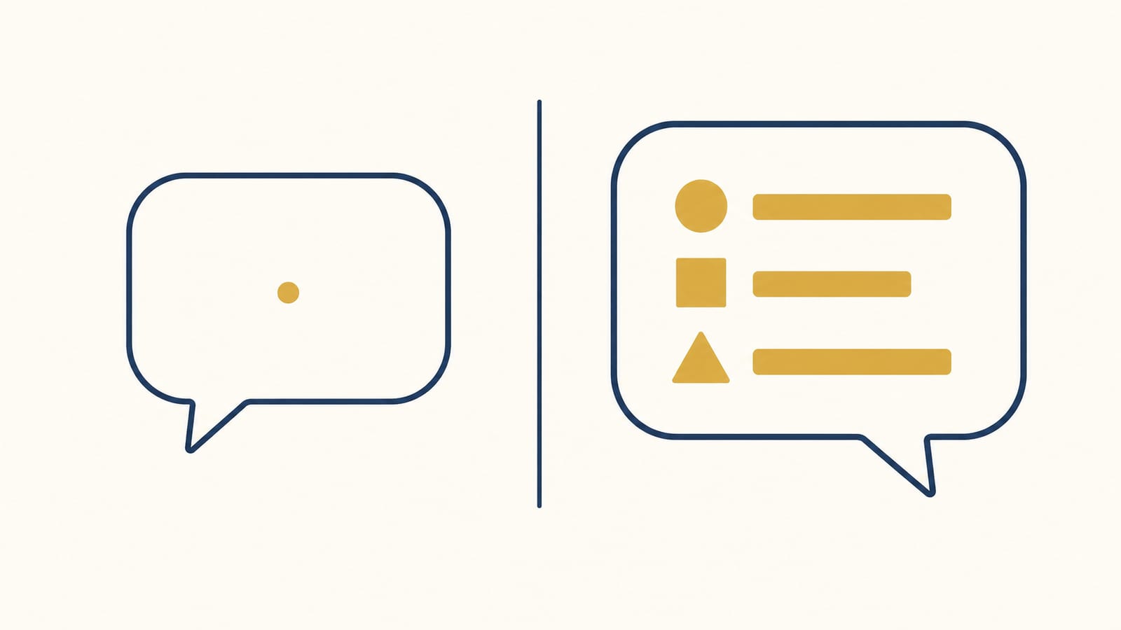 Two speech bubbles side by side, one nearly empty and one richly detailed, contrasting generic and specific answers