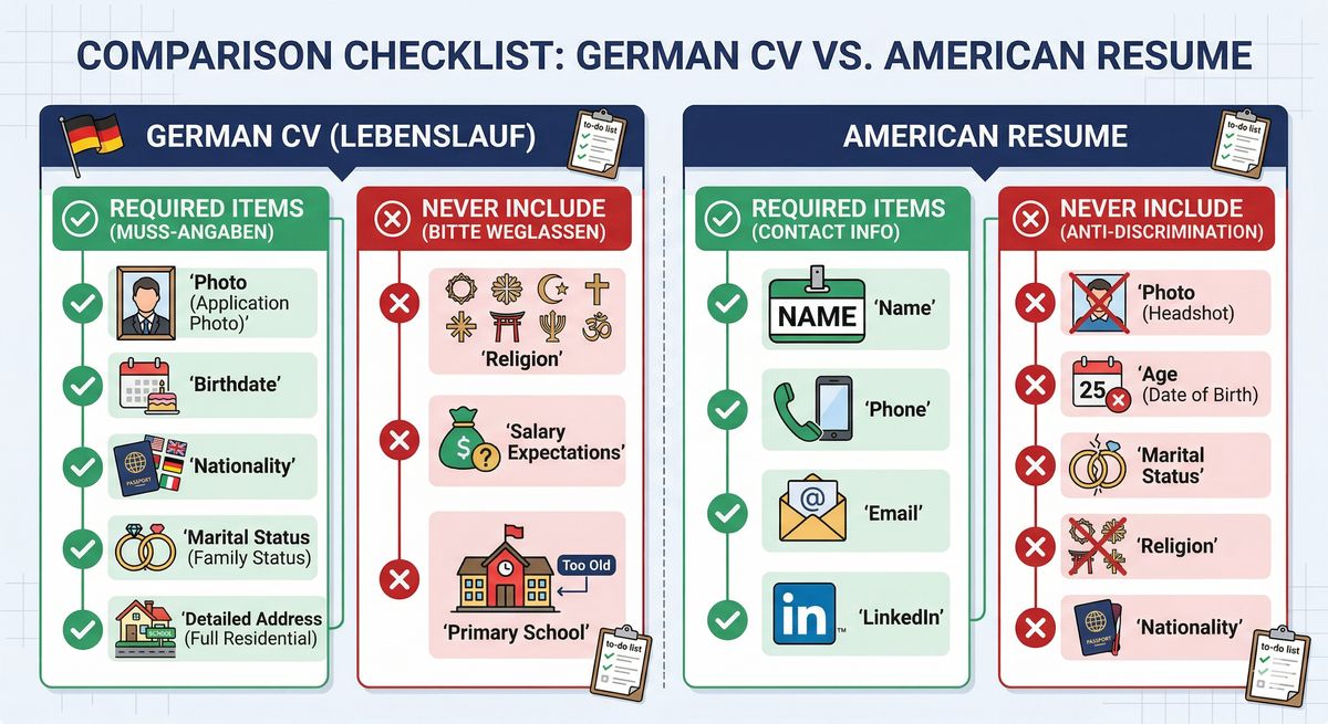 Comparison checklist: German CV required vs forbidden items, American Resume required vs forbidden items with green checkmarks and red X marks