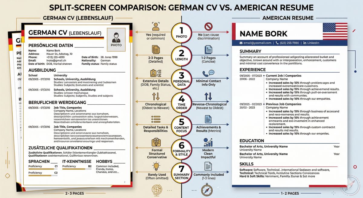 Split-screen infographic showing 7 key differences between German CV and American Resume with German and American flag colors