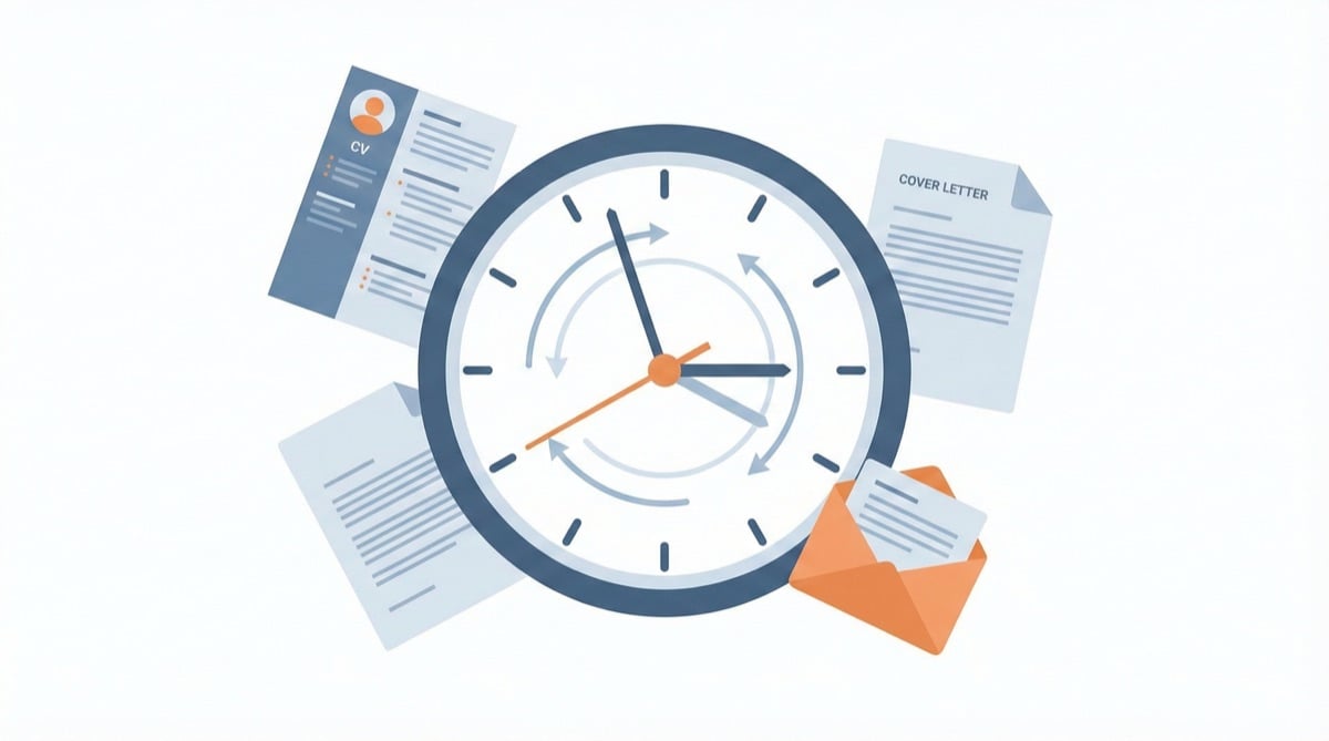 A clock surrounded by floating CV, cover letter, and email documents — illustrating the time pressure of job applications
