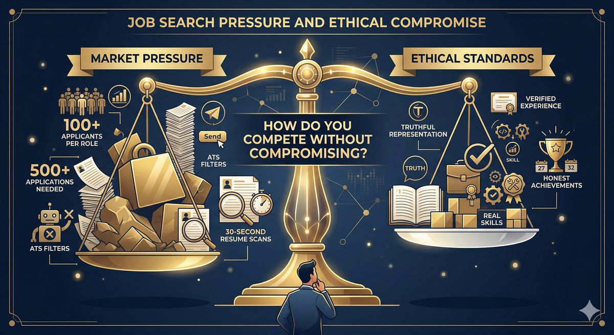 Balance scale showing Job Search Pressure (applications volume, time constraints, competition) on left vs Ethical AI Use (efficiency without fabrication, strategic focus) on right