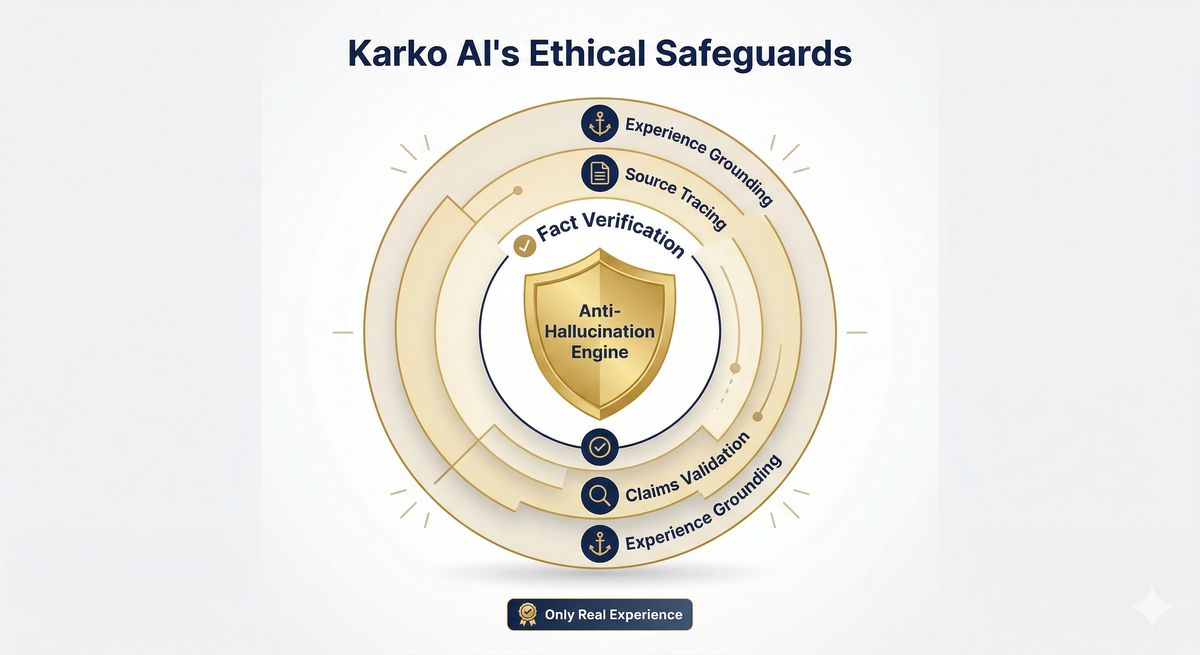 4-pillar diagram showing Karko AI safeguards: Source-First Generation, No Skill Inflation, Fit Gap Visibility, and Human Review Required