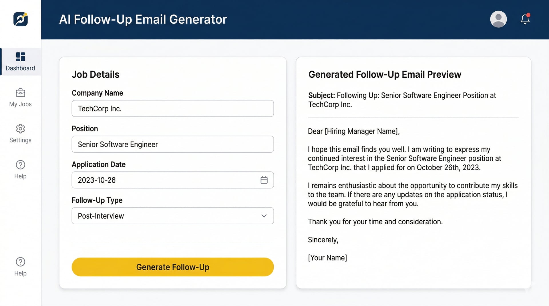 Screenshot of Karko AI generating a follow-up email in the dashboard