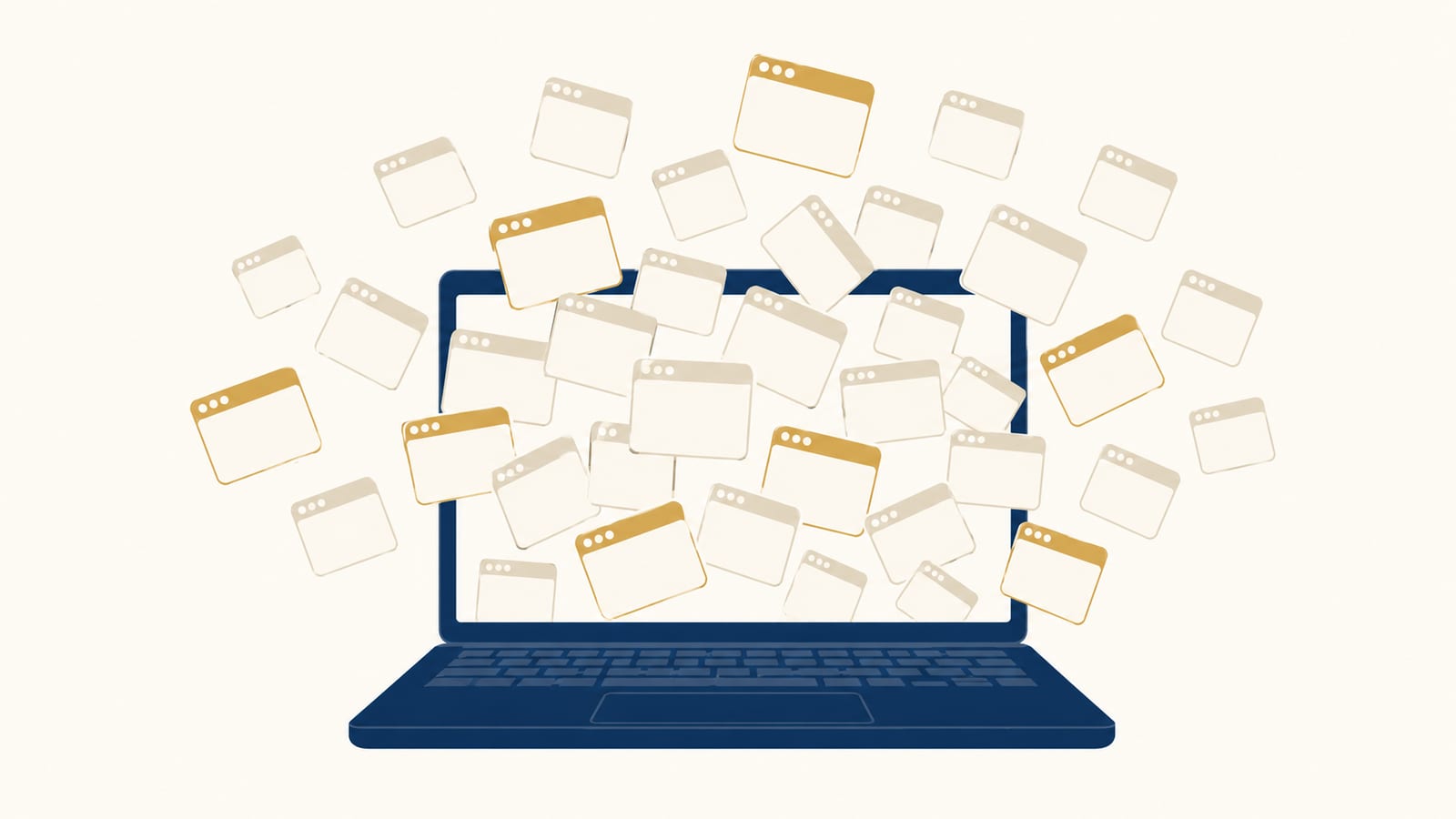 A laptop with dozens of browser tabs spilling out, showing the chaos of manual job searching