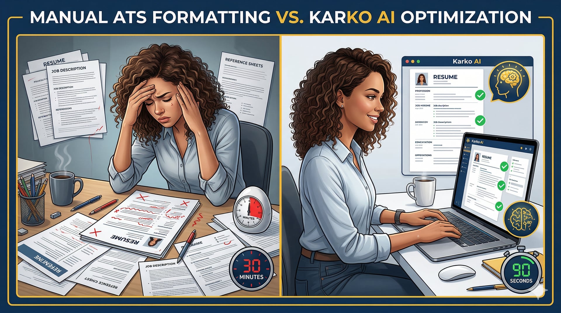 Split-screen: Manual ATS formatting (30 minutes, error-prone) vs. Karko AI (90 seconds, ATS-safe)