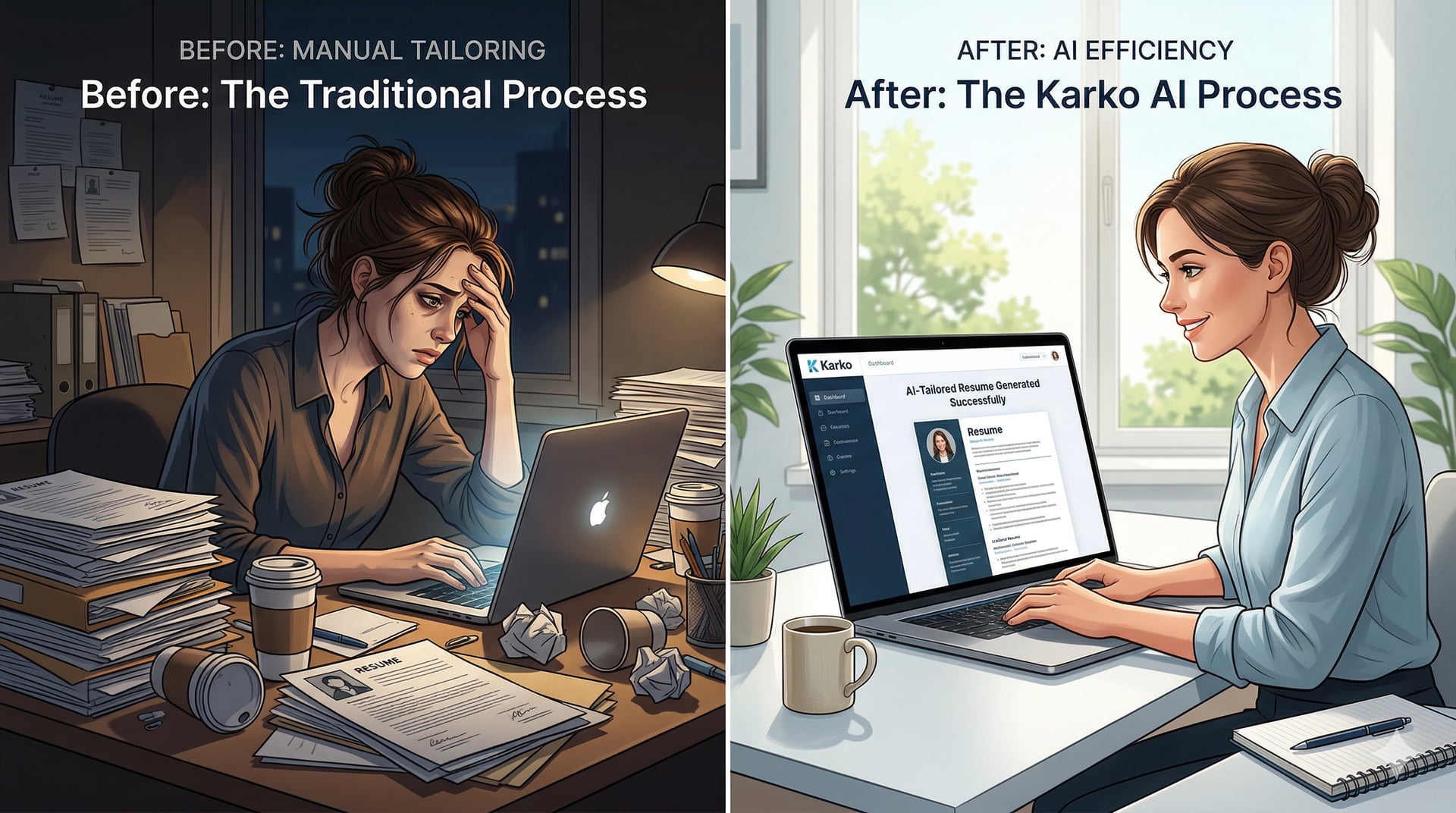 Split-screen: exhausted person manually editing resume vs. person smiling with AI-generated tailored resume