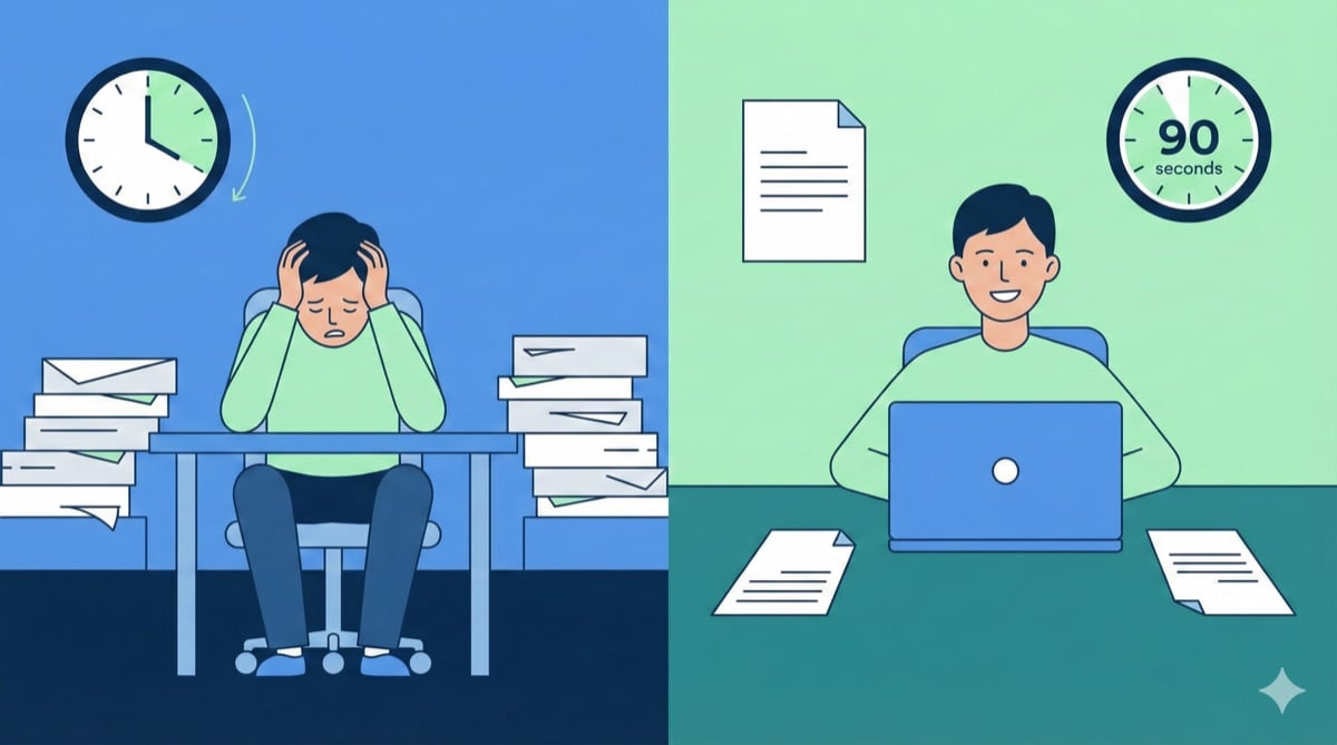Split-screen comparison: a person overwhelmed with stacks of papers versus the same person smiling with a clean document generated in 90 seconds