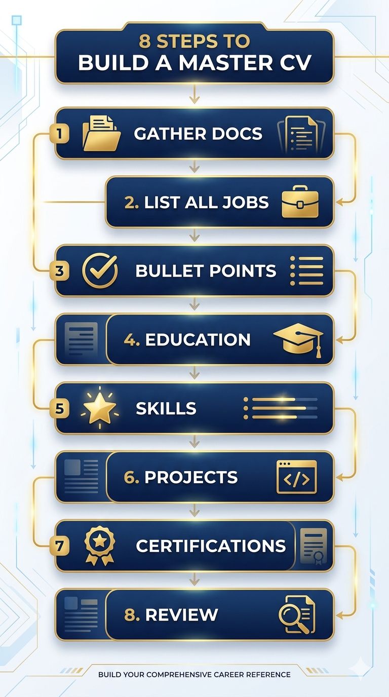 8-step vertical flowchart showing how to build a complete Master CV