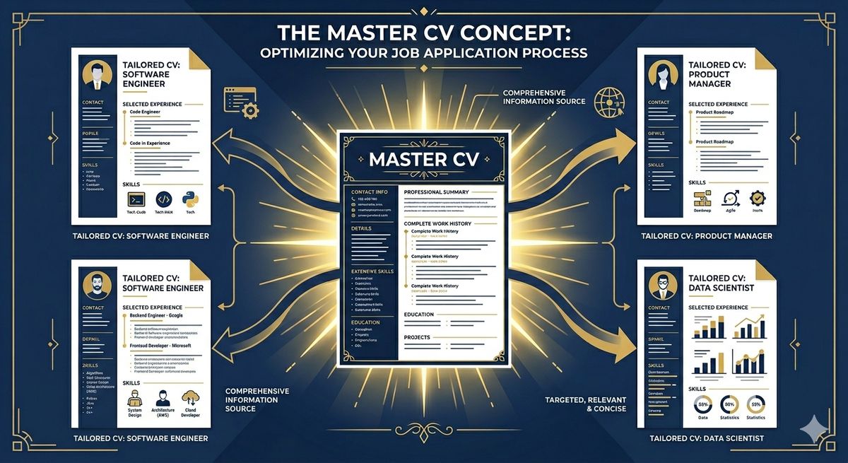 Central Master CV document with golden rays, surrounded by tailored CV versions for different roles