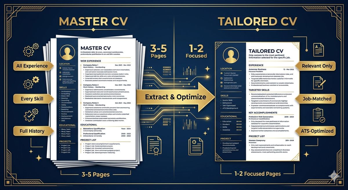 Side-by-side comparison: thick Master CV (3-5 pages, all experience) vs sleaner Tailored CV (1-2 pages, relevant only)