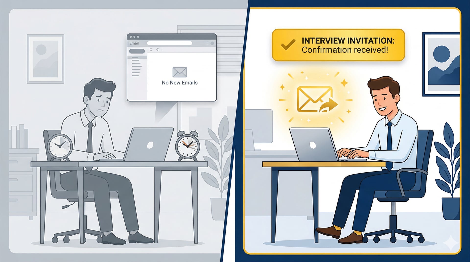 Split-screen: person waiting passively vs. person sending a follow-up email and getting an interview invite