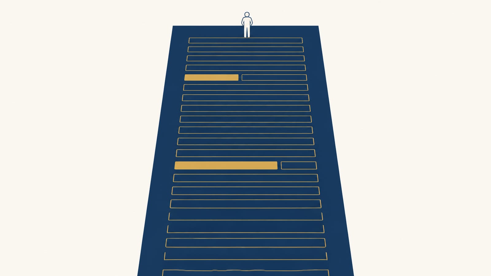 A person facing a tall application form with many stacked empty fields, illustrating the screening question wall