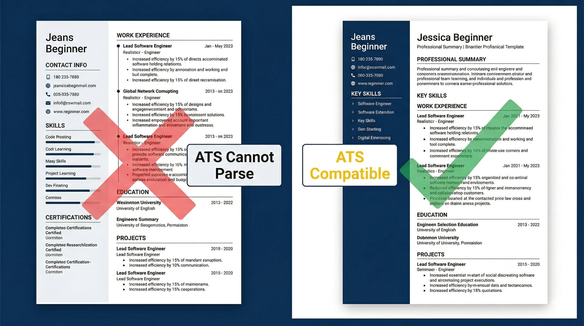 Side-by-side: Two-column resume (ATS fail) vs. Single-column resume (ATS pass)