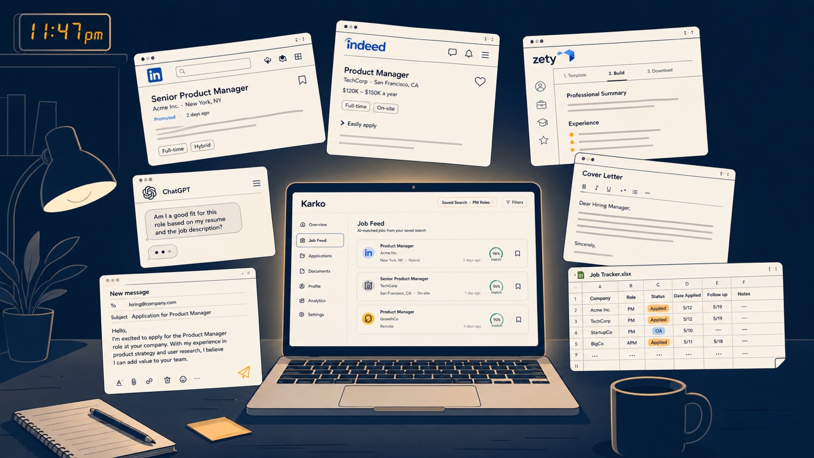 A job seeker at night with seven scattered browser tabs and tools surrounding one laptop, illustrating the fractured Sunday-night job search stack