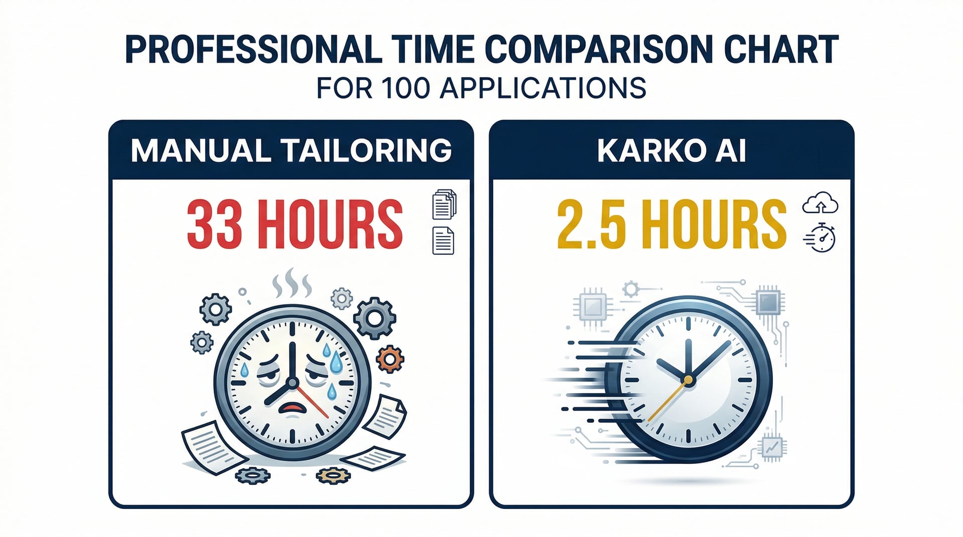 Comparison: 33 hours manual tailoring vs. 2.5 hours with Karko AI for 100 applications