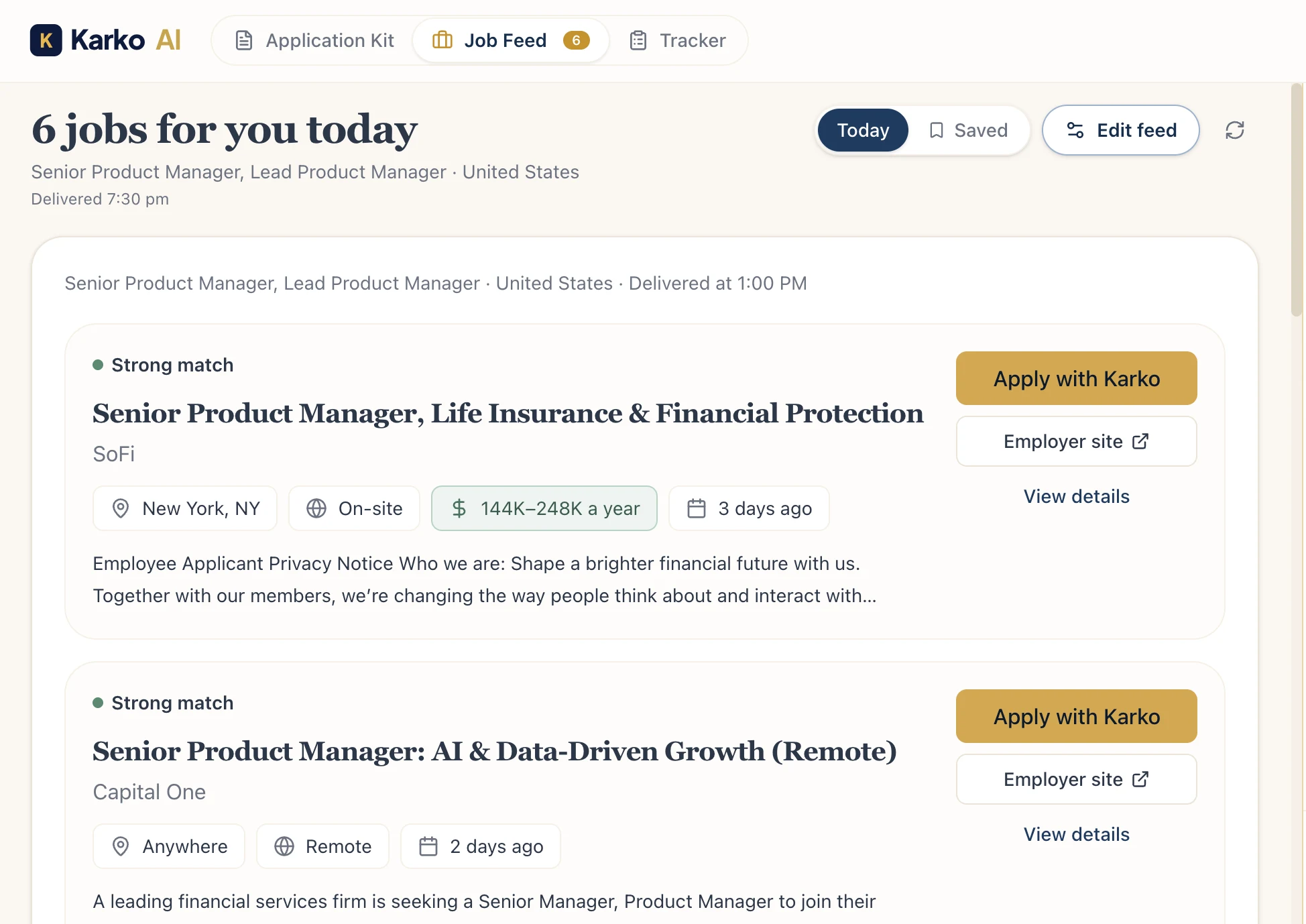 The Karko Smart Job Feed: a curated list of roles with match scores, ready when you open your laptop
