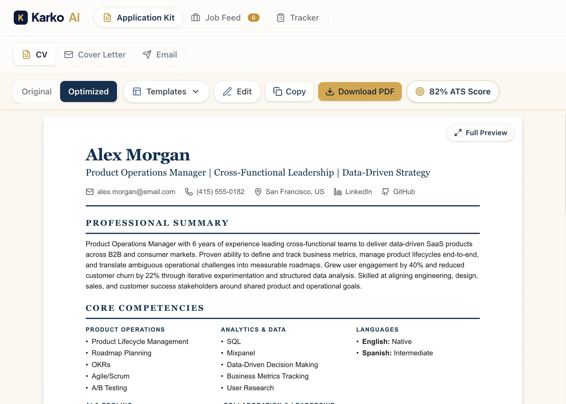 Karko Application Kit: tailored CV, cover letter, application email and follow-up email generated together