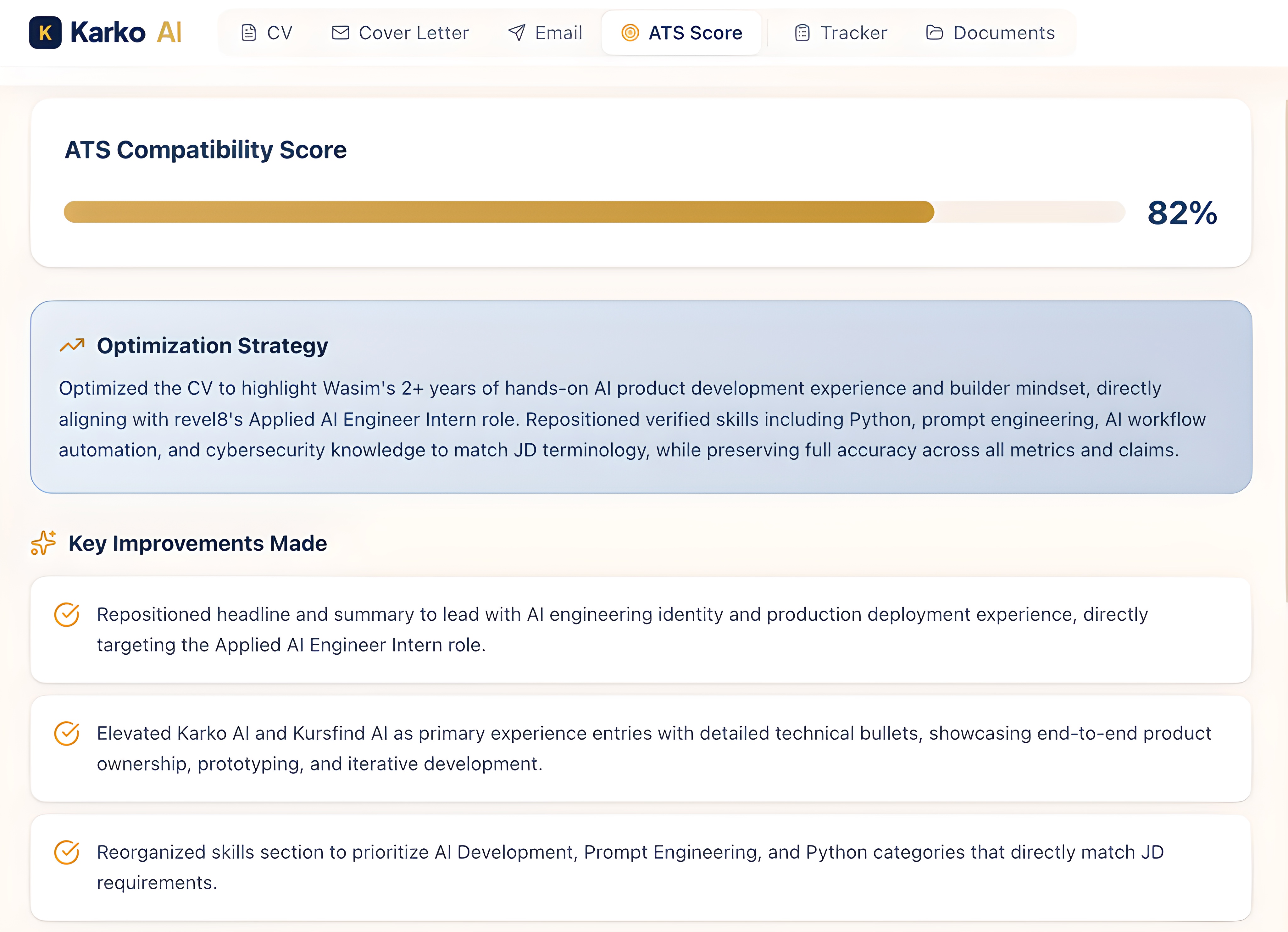 A tailored Karko CV displayed with its ATS score and keyword alignment