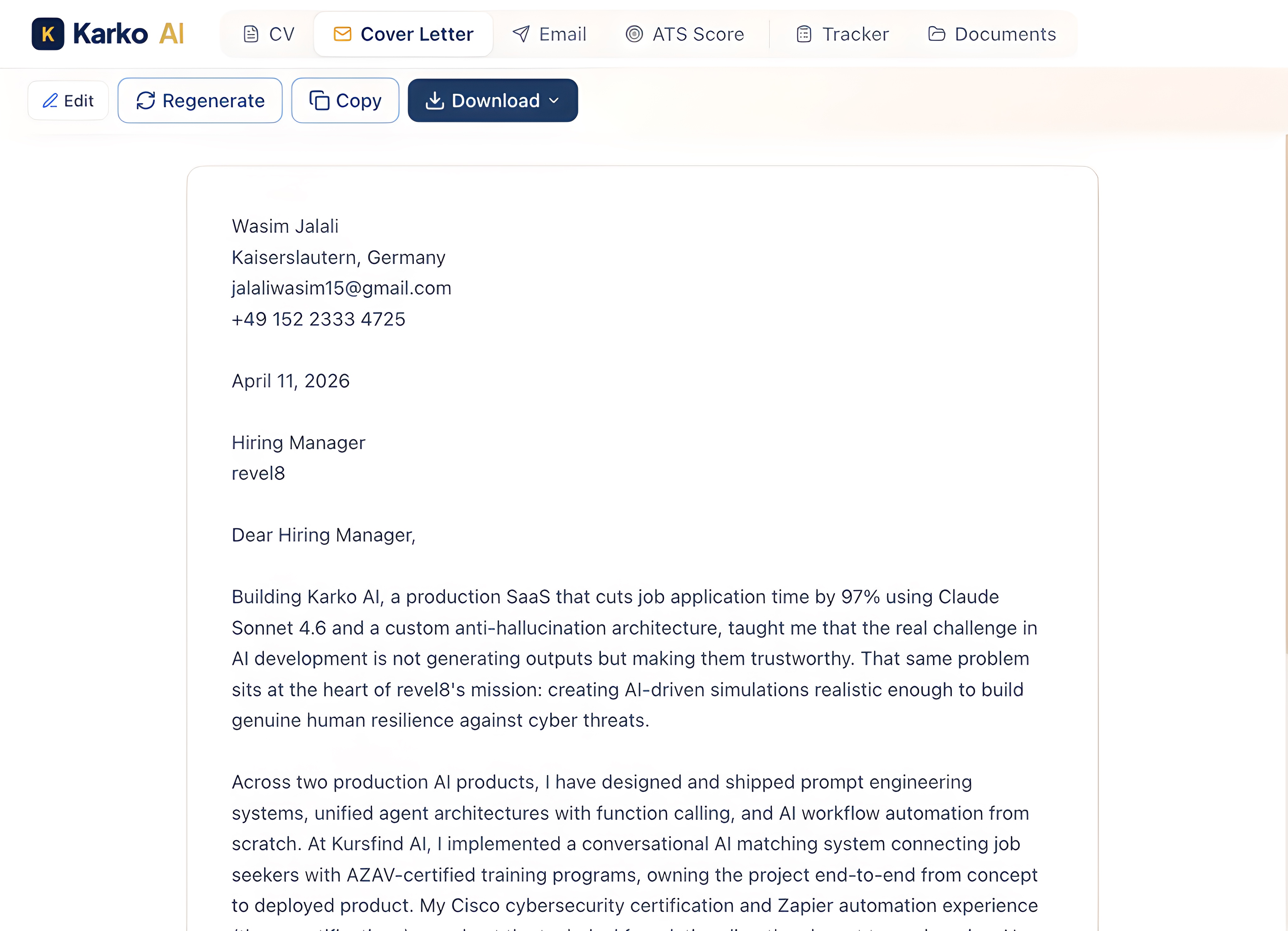 A Karko cover letter written in the candidate's voice, referencing the specific role and company