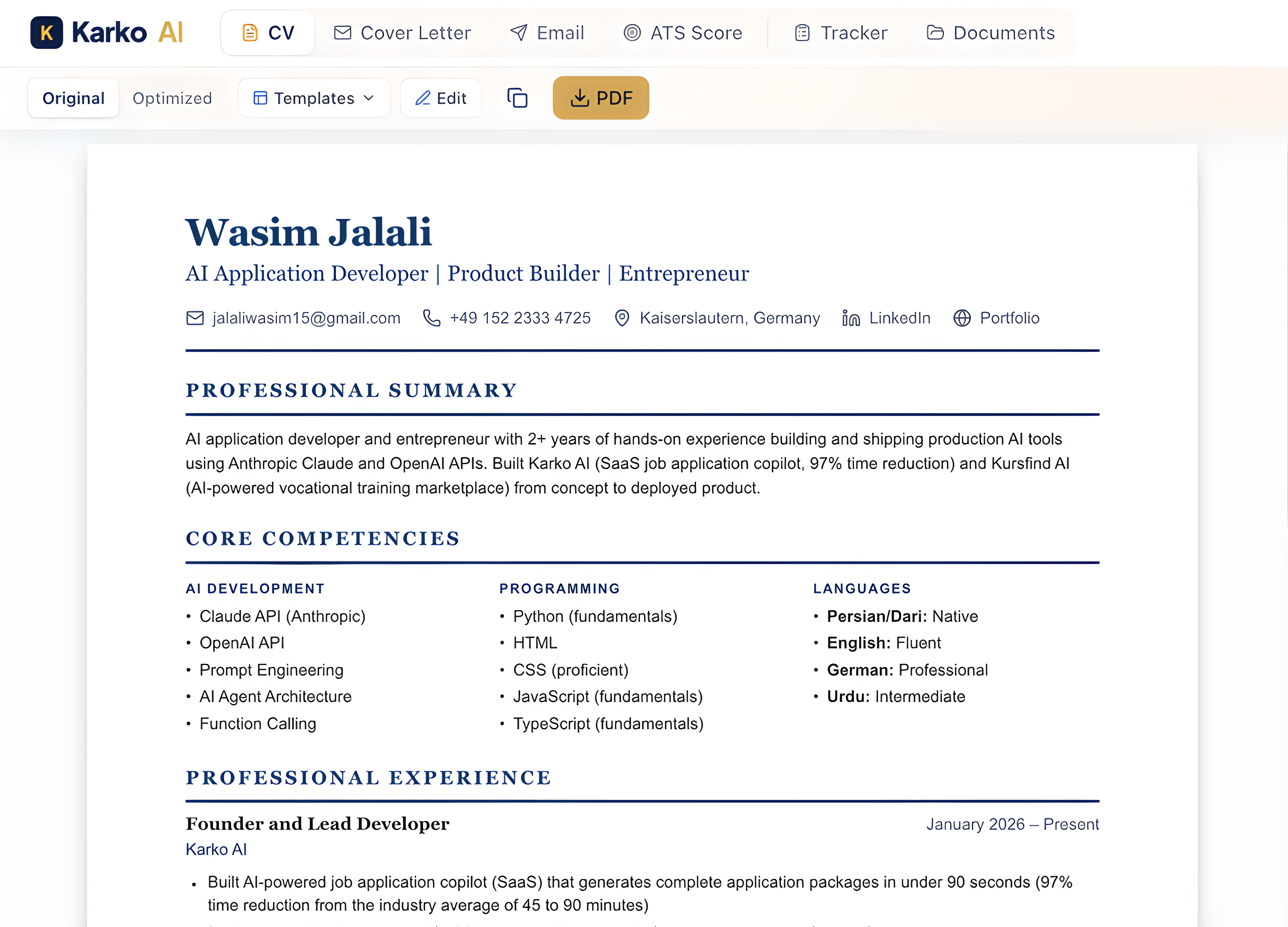 A tailored Karko CV rendered in one of the ATS-optimized templates
