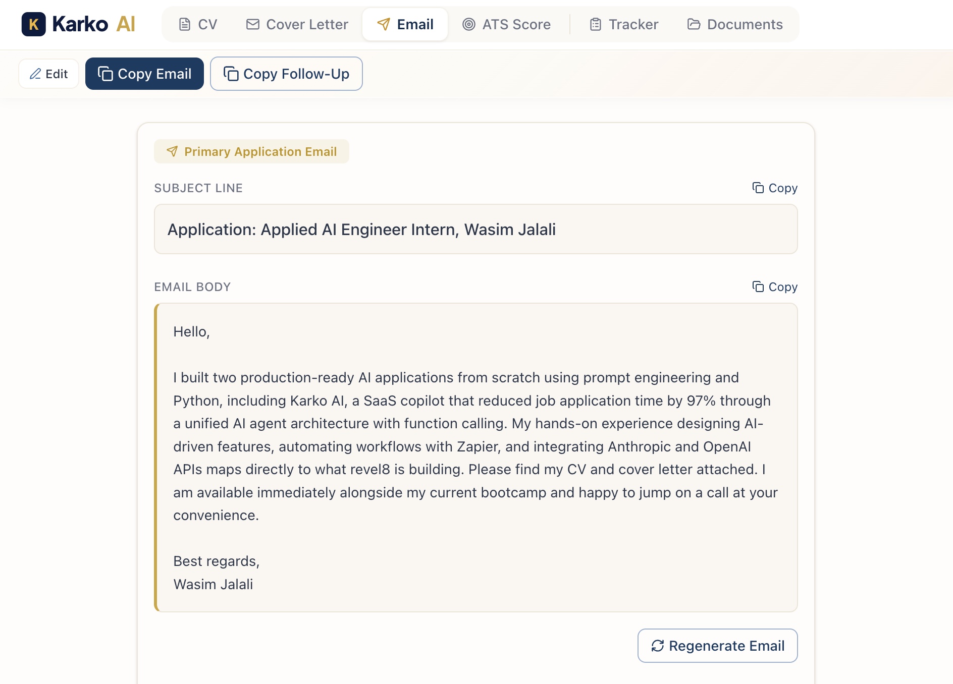 A Karko application email drafted alongside the CV and cover letter, ready to send