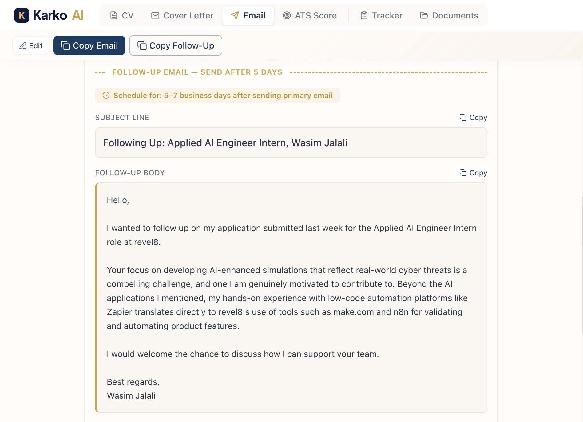 A Karko follow-up email pre-drafted for the candidate to send 7 to 10 days after applying