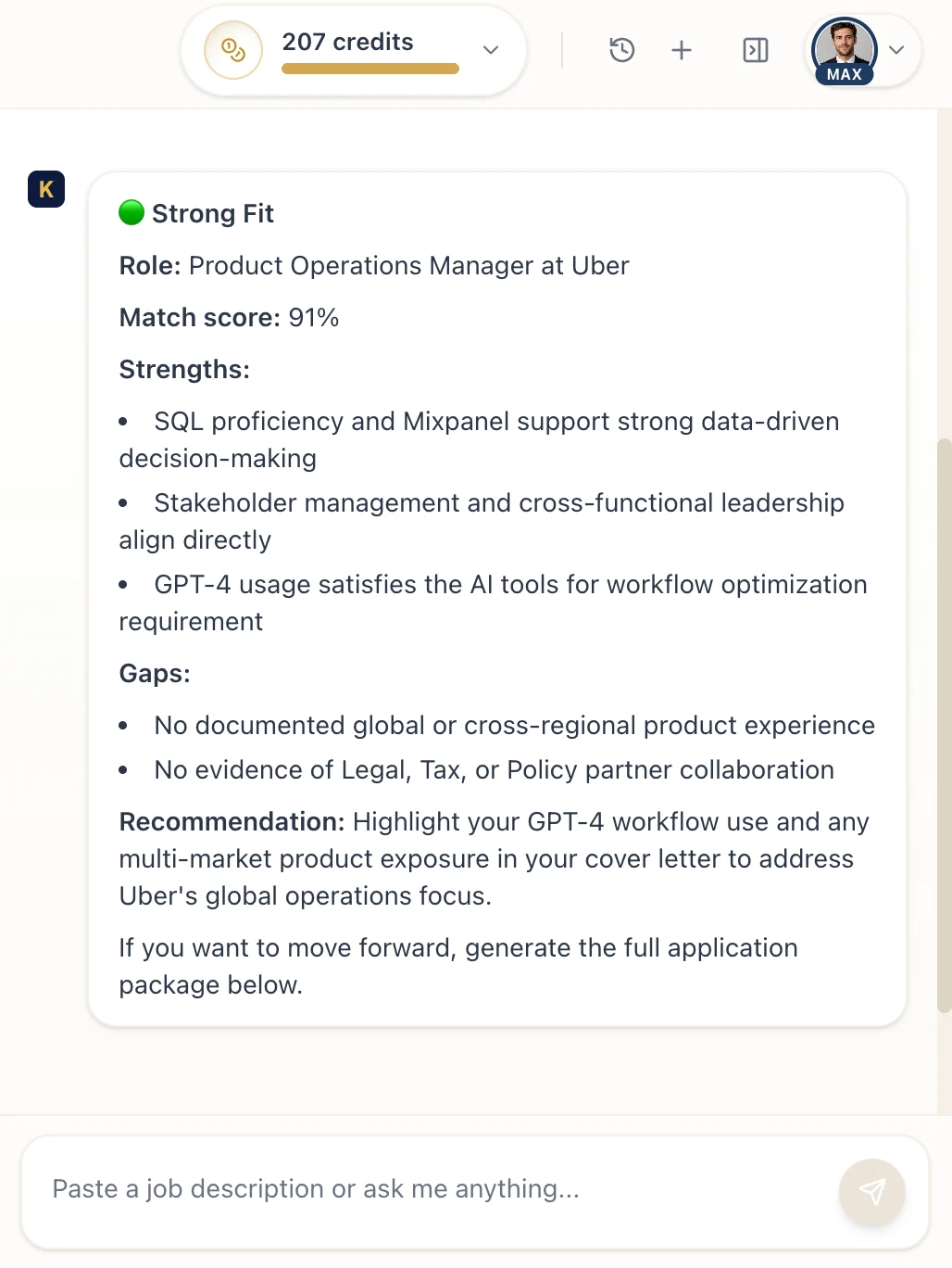 Karko Fit Analysis showing match score, strengths, gaps and a recommendation for a specific role